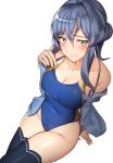  1girl bangs bare_shoulders black_legwear blue_cardigan blue_hair blue_swimsuit blush breasts cardigan closed_mouth collarbone gotland_(kantai_collection) hair_between_eyes highres kantai_collection large_breasts long_hair looking_at_viewer mole mole_under_eye navel one-piece_swimsuit pallad simple_background solo swimsuit thighhighs thighs white_background 