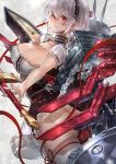  1girl anchor_choker apron ass azur_lane breasts choker cleavage collarbone eyebrows_visible_through_hair hair_between_eyes hairband highres holding holding_sword holding_weapon lace-trimmed_apron lace-trimmed_choker lace-trimmed_hairband lace_trim large_breasts looking_at_viewer machinery no_panties parted_lips puffy_sleeves red_eyes red_ribbon ribbon short_hair short_sleeves sidelocks signo_aaa sirius_(azur_lane) smile solo sword thighhighs waist_apron weapon white_apron white_hair white_legwear 