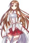  asuna_(sao) bad_id bad_pixiv_id bare_shoulders breastplate brown_eyes brown_hair closed_mouth detached_sleeves highres holding holding_sword holding_weapon long_hair long_sleeves looking_at_viewer smile standing sword sword_art_online thighhighs vebonbon weapon white_background 