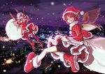  animal_ears bad_id bad_pixiv_id bike_shorts blue_hair blush boots christmas cityscape earrings elbow_gloves flying gloves grin hat head_wings horns jewelry multicolored_hair multiple_girls mystia_lorelei night night_sky open_mouth pink_hair red_eyes sack santa_costume santa_hat shiba_itsuki short_hair shouting silver_hair single_head_wing sky smile snow thighhighs tokiko_(touhou) touhou two-tone_hair wings 