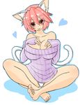  1girl :p animal_ears bare_shoulders breasts cat_ears cat_tail feet female huge_breasts numadaira panties pink_eyes pink_hair short_hair sitting solo sweater tail tongue tongue_out underwear vr-ko white_panties 