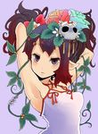  armpits arms_behind_head arms_up blush brown_eyes brown_hair dress flower hair_flower hair_ornament holding holding_hair long_hair looking_at_viewer original plant solo standing uni_mate vines white_dress 