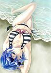  asahina_suzuka beach bikini bikini_top blue_eyes blue_hair breasts eyewear_on_head highres long_legs medium_breasts ocean official_art outdoors reclining seo_kouji short_hair side-tie_bottom solo striped striped_bikini sunglasses suzuka swimsuit water 