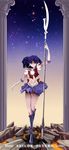  back_bow bishoujo_senshi_sailor_moon boots bow character_name choker cross-laced_footwear crystal earrings elbow_gloves full_body gloves highres hohooting holding holding_spear holding_weapon jewelry polearm purple_eyes purple_footwear purple_hair purple_sailor_collar purple_skirt red_bow rock sailor_collar sailor_saturn sailor_senshi_uniform short_hair silence_glaive skirt sky solo spear standing standing_on_one_leg star star_(sky) star_choker starry_sky thigh_gap tomoe_hotaru weapon white_gloves 