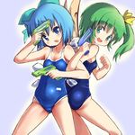  back-to-back blue_eyes blue_hair bow cirno competition_school_swimsuit daiyousei green_eyes green_hair hair_bow hair_ribbon hakkotsu_shitai ice ice_wings multiple_girls one-piece_swimsuit ribbon school_swimsuit short_hair side_ponytail smile swimsuit touhou water_gun wings 