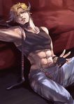  blonde_hair caesar_anthonio_zeppeli cigarette feathers fingerless_gloves gloves green_eyes hair_feathers headband jojo_no_kimyou_na_bouken male_focus midriff solo yamu1620 