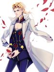  blonde_hair blue_eyes deyamiro giorno_giovanna highres jacket_on_shoulders jojo_no_kimyou_na_bouken long_coat long_hair male_focus solo 