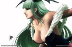  1girl accuracy0 blue_eyes breasts capcom cleavage green_hair large_breasts morrigan_aensland solo vampire_(game) 