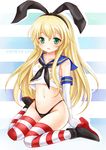  black_panties blonde_hair blush character_name crop_top crop_top_overhang elbow_gloves gloves green_eyes hairband highleg kantai_collection long_hair midriff navel nikoo no_pants panties shimakaze_(kantai_collection) sitting solo striped striped_legwear thighhighs underwear wariza white_gloves 