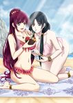  anklet asami-ch barefoot beach bikini bikini_skirt black_eyes black_hair bracelet breasts cleavage coconut cousins day drink drinking_straw fruit_cup hair_ornament hanging_breasts huge_breasts jewelry long_hair magi_the_labyrinth_of_magic multiple_girls navel necklace red_eyes red_hair ren_hakuei ren_kougyoku sand sitting swimsuit tied_hair towel tropical_drink very_long_hair 
