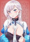  1girl alternate_costume areola_slip areolae azur_lane belfast_(iridescent_rose)_(azur_lane) black_dress blue_eyes blush braid breasts chains china_dress chinese_clothes cleavage_cutout closed_mouth collar commentary_request dress dress_pull earrings eyebrows_visible_through_hair french_braid head_tilt heart heart_earrings highres jewelry large_breasts lips long_hair looking_at_viewer pelvic_curtain pulled_by_self shiny shiny_skin side_braid sidelocks silver_hair smile user_ujzx4875 