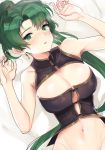  1girl absurdres bangs bed blush breasts corset earrings fire_emblem fire_emblem:_rekka_no_ken green_eyes green_hair high_ponytail highres jewelry large_breasts long_hair looking_at_viewer lyndis_(fire_emblem) navel nintendo ormille ponytail simple_background solo very_long_hair 