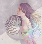  breasts closed_mouth collarbone dreamer_tapir from_side gradient_hair grey_background highres lips long_hair medium_breasts multicolored_hair nautilus_(animal) nipples nude original profile purple_hair simple_background solo upper_body very_long_hair wavy_hair 