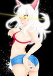  animal_ears ass bikini_top black_hanekawa blush breasts cat_ears denim denim_shorts fingernails glowing glowing_eye hanekawa_tsubasa kitahara_kiyoshi lips long_hair monogatari_(series) sharp_fingernails short_shorts shorts sideboob solo white_hair yellow_eyes 