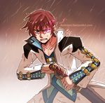  angry asbel_lhant blue_eyes brown_background clenched_teeth coat collarbone glowing glowing_eye heterochromia keikilani male_focus purple_eyes rain ready_to_draw red_hair scowl solo sword tales_of_(series) tales_of_graces teeth watermark weapon web_address wet 