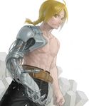  ahoge angry automail belt blonde_hair braid edward_elric frown fullmetal_alchemist long_hair looking_at_viewer male_focus mechanical_arm mukuo prosthesis shirtless solo wire yellow_eyes 