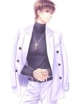  @co alternate_costume bad_id bad_pixiv_id brown_eyes brown_hair command_spell cross cross_necklace fate/zero fate_(series) jacket_on_shoulders jewelry kotomine_kirei male_focus necklace solo turtleneck 