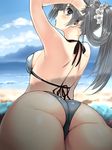  ass beach bikini black_hair blue_eyes day kawakami_masaki long_hair looking_back original ponytail solo swimsuit 