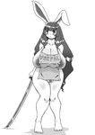  1girl animal_ears apron areola_slip areolae barefoot breasts bunny_ears covered_nipples erect_nipples female full_body huge_breasts katana large_areolae long_hair monochrome naked_apron original pubic_hair pussy simple_background solo standing sword tatara uncensored weapon white_background wide_hips 