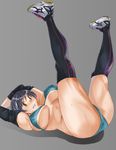  black_hair black_legwear breasts brown_eyes covered_nipples detached_sleeves highres kunifuto large_breasts legs_up lying on_back original shoes short_hair skin_tight sneakers solo sweat thick_thighs thighhighs thighs underboob 
