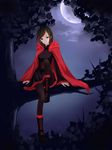  absurdres bad_id bad_pixiv_id branch brown_hair cape cloud cross cross-laced_footwear gradient grey_eyes highres koshizu_seitekikemuri moon night pantyhose ruby_rose rwby short_hair sitting smile solo tree 