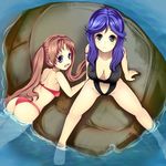  ass bad_id bad_pixiv_id bikini blue_hair brown_hair casual_one-piece_swimsuit from_above ginji74 green_eyes long_hair multiple_girls ocean one-piece_swimsuit original purple_eyes sitting soaking_feet swimsuit twintails water 