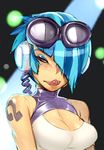  bare_shoulders blue_hair blush breasts cable cleavage cleavage_cutout dj_pon3 doxy eyelashes eyeshadow eyewear_on_head hair_over_one_eye halterneck headphones makeup medium_breasts my_little_pony my_little_pony_friendship_is_magic personification piercing short_hair solo sunglasses tattoo tongue tongue_piercing upper_body work_in_progress 
