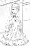  1girl bow bowtie breasts choker cleavage covered_navel cowboy_shot detached_sleeves dress eyebrows_visible_through_hair frilled_dress frills greyscale hairband heterochromia highres isekai_wa_smartphone_to_tomo_ni. layered_dress long_hair long_sleeves monochrome novel_illustration official_art shiny shiny_hair short_dress sleeveless sleeveless_dress small_breasts solo standing strapless strapless_dress usatsuka_eiji very_long_hair 