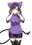  animal_hood arisaka_ako black_hair black_legwear blush bow bracelet cat_hood cat_tail green_eyes hair_ornament hairclip hands_on_own_cheeks hands_on_own_face hood hoodie jewelry light_smile original paw_print shorts simple_background solo tail tail_bow tears thighhighs white_background 