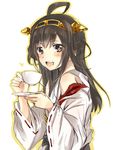  :d bad_id bad_pixiv_id bare_shoulders blush brown_hair cup detached_sleeves double_bun hagino_makoto hair_ornament hairband headgear japanese_clothes kantai_collection kongou_(kantai_collection) long_hair looking_at_viewer nontraditional_miko open_mouth ribbon-trimmed_sleeves ribbon_trim saucer simple_background smile solo teacup white_background 