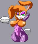  anthro areola big_breasts breasts brown_hair bunnie_rabbot cyborg english_text erect_nipples female gblastman green_eyes hair huge_breasts lagomorph looking_at_viewer mammal nipples nude open_mouth pussy rabbit sega smile solo sonic_(series) text 