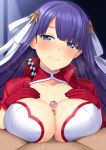  1girl bangs blue_eyes blunt_bangs blush breast_squeeze breasts cleavage closed_mouth commentary_request fate/grand_order fate_(series) gloves hair_ornament hair_ribbon hetero horosuke_(toot08) large_breasts long_hair looking_at_viewer paizuri penis purple_hair race_queen red_gloves ribbon saint_martha smile solo_focus straight_hair white_ribbon 