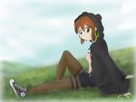  animal_ears brown_eyes brown_hair converse curious dutch_angle earrings endlessgr8 grass highres hirasawa_yui hood hoodie jewelry jpeg_artifacts k-on! k-on!_movie md5_mismatch overall_skirt pants shoes short_hair singing! sitting sneakers solo thigh_strap tight tight_pants 