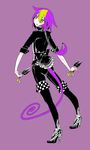  1girl back boots bow checkered espio espio_the_chameleon full_body genderswap gothic gothic_lolita hair_wrap high_heel_boots high_heels jacket kunai lining lolita_fashion pants personification purple_hair sega sonic_the_hedgehog tail thigh_boots thighhighs weapon 