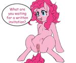  anus blue_eyes english_text equine female feral friendship_is_magic fur hair horse lurking_tyger lurkingtyger mammal my_little_pony open_mouth pink_fur pink_hair pinkie_pie_(mlp) plain_background pony pussy solo spread_legs spreading teats text white_background 