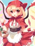  alcohol basket blonde_hair bottle bread cosplay crystal dress fang flandre_scarlet food hair_ribbon hood little_red_riding_hood little_red_riding_hood_(grimm) little_red_riding_hood_(grimm)_(cosplay) open_mouth paragasu_(parags112) red_eyes ribbon short_hair side_ponytail smile solo touhou wine wings 