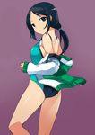  black_eyes black_hair blush breasts hair_ornament hairclip idolmaster idolmaster_cinderella_girls jacket long_hair looking_at_viewer looking_back medium_breasts one-piece_swimsuit ponytail rookie_trainer sawamura_hikaru smile solo swimsuit trainer_(idolmaster) 