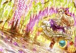  akg blonde_hair boots bow chain cuffs fence flower hair_bow headphones highres horn_ribbon horns ibuki_suika long_hair looking_at_viewer looking_back low-tied_long_hair nishiuri open_mouth petals red_eyes ribbon shackles shirt skirt sleeveless sleeveless_shirt solo touhou tree wallpaper water weights wisteria wrist_cuffs 