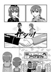  4koma arm_around_shoulder cafe christiane_barkhorn comic garrison_cap gertrud_barkhorn girls_und_panzer greyscale hat heart highres hoshino_banchou kuromorimine_military_uniform long_hair looking_at_another military military_uniform monochrome multiple_girls nishizumi_maho nishizumi_miho ooarai_school_uniform school_uniform short_hair siblings sign siscon sisters strike_witches trait_connection translated twintails uniform world_witches_series 