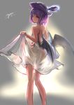  absurdres alternate_costume back backless_outfit backlighting bare_arms bare_shoulders bat_wings dress dress_lift hat highres looking_at_viewer looking_back myero pink_eyes purple_hair remilia_scarlet see-through solo strapless strapless_dress touhou white_dress wings 