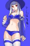  adapted_costume bandeau bare_shoulders bikini blue_background breasts candy capcom_fighting_jam detached_sleeves food hat highres ingrid lollipop long_hair medium_breasts midnight_bliss mouth_hold navel red_eyes silver_hair simple_background solo swimsuit swirl_lollipop tetsu_(kimuchi) thighhighs toned top_hat translation_request white_legwear 