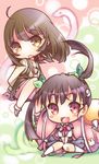  backpack bag bakemonogatari bandaid bandaid_on_knee black_hair bookmark brown_eyes brown_hair chibi fang hachikuji_mayoi hairband kuchinawa long_hair monogatari_(series) mouth_hold multiple_girls red_eyes ro_(igris-geo) school_uniform sengoku_nadeko serafuku short_hair sitting snail snake twintails wariza 