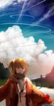  blue_eyes cloud fence grass jewelry mujiha necklace original power_lines road scarf side_ponytail sky 