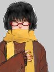  black_hair glasses lowres mo-mantai original red-framed_eyewear scarf scarf_over_mouth solo sweater yellow_scarf 