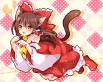  animal_ears argyle argyle_background ascot bad_id bad_pixiv_id bare_shoulders bell bell_collar bow brown_eyes brown_hair cat_ears cat_tail collar detached_sleeves dress fang hair_bow hair_tubes hakurei_reimu kemonomimi_mode long_sleeves open_mouth paw_pose red_dress solo tail touhou uguisu_mochi_(ykss35) wide_sleeves 