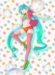  aqua_eyes aqua_hair finger_to_mouth food hatsune_miku heart heart_print hood hooded_jacket hoodie jacket long_hair macaron midriff navel open_clothes open_hoodie pink_legwear shoes short_shorts shorts solo suishougensou thighhighs twintails very_long_hair vocaloid 