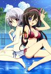  absurdres back-to-back barefoot bikini black_hair blush breasts cleavage cloud day drink empty_pool feet hair_ornament hairband hairclip highres legs long_hair looking_back medium_breasts multiple_girls noda_yasuyuki non-web_source nyantype official_art one_eye_closed open_mouth ore_no_nounai_sentakushi_ga_gakuen_love-comedy_wo_zenryoku_de_jama_shiteiru outdoors pink_hairband pool pool_ladder purple_eyes red_eyes sheep_hair_ornament short_hair side-tie_bikini silver_hair sky small_breasts striped striped_bikini striped_swimsuit swimsuit v very_long_hair water wet yukihira_furano yuuouji_ouka 