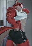  abs anthro biceps big_muscles canine clothing convel easyspark fur handsome locker locker_room looking_back male mammal muscles pecs pose red_fur scar scar_(markings) shirt shorts solo tank_top towel wolf 