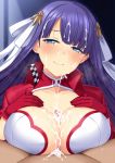  1girl bangs blue_eyes blunt_bangs blush breast_squeeze breasts cleavage closed_mouth commentary_request cum cum_on_body cum_on_breasts cum_on_upper_body facial fate/grand_order fate_(series) gloves hair_ornament hair_ribbon hetero horosuke_(toot08) large_breasts long_hair looking_at_viewer paizuri penis purple_hair race_queen red_gloves ribbon saint_martha smile solo_focus straight_hair white_ribbon 