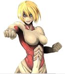  artist_request blonde_hair blue_eyes breasts clenched_hands exposed_muscle female_titan large_breasts no_nipples punching shingeki_no_kyojin short_hair solo white_background 